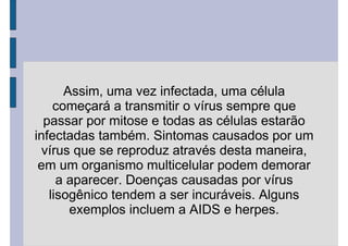 Assim, uma vez infectada, uma célula
começará a transmitir o vírus sempre que
passar por mitose e todas as células estarão
infectadas também. Sintomas causados por um
vírus que se reproduz através desta maneira,
em um organismo multicelular podem demorar
a aparecer. Doenças causadas por vírus
lisogênico tendem a ser incuráveis. Alguns
exemplos incluem a AIDS e herpes.
 
