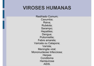 VIROSES HUMANAS
Resfriado Comum;
Caxumba;
Raiva;
Rubéola;
Sarampo;
Hepatites;
Dengue;
Poliomielite;
Febre amarela;
Varicela ou Catapora;
Varíola;
Meningite viral;
Mononucleose Infecciosa;
Herpes
Condiloma
Hantavirose
AIDS.
 