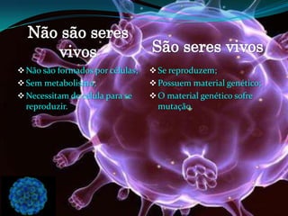 Não são formados por células;
Sem metabolismo;
Necessitam de célula para se
reproduzir.
Se reproduzem;
Possuem material genético;
O material genético sofre
mutação.
 