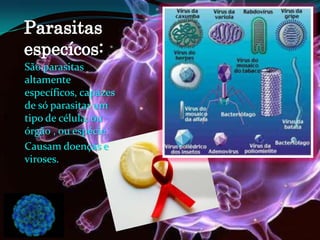 São parasitas
altamente
específicos, capazes
de só parasitar um
tipo de célula, ou
órgão , ou espécie.
Causam doenças e
viroses.
 