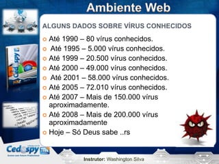 Instrutor: Washington Silva
ALGUNS DADOS SOBRE VÍRUS CONHECIDOS
 Até 1990 – 80 vírus conhecidos.
 Até 1995 – 5.000 vírus conhecidos.
 Até 1999 – 20.500 vírus conhecidos.
 Até 2000 – 49.000 vírus conhecidos.
 Até 2001 – 58.000 vírus conhecidos.
 Até 2005 – 72.010 vírus conhecidos.
 Até 2007 – Mais de 150.000 vírus
aproximadamente.
 Até 2008 – Mais de 200.000 vírus
aproximadamente
 Hoje – Só Deus sabe ..rs
 