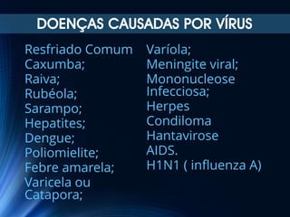 DOENÇAS CAUSADAS POR VÍRUS
Resfriado Comum
Caxumba;
Raiva;
Rubéola;
Sarampo;
Hepatites;
Dengue;
Poliomielite;
Febre amarela;
Varicela ou
Catapora;

Varíola;
Meningite viral;
Mononucleose
Infecciosa;
Herpes
Condiloma
Hantavirose
AIDS.
H1N1 ( influenza A)

 