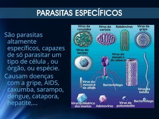 PARASITAS ESPECÍFICOS
São parasitas
altamente
específicos, capazes
de só parasitar um
tipo de célula , ou
órgão, ou espécie.
Causam doenças
com a gripe, AIDS,
caxumba, sarampo,
dengue, catapora,
hepatite,...

 