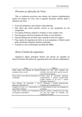 Vírus Informáticos
20
Prevenir as infecções de Vírus
Não se conhecem processos que tornem um sistema completamente
imune aos ataques de vírus, mas a seguinte descrição sumária ajuda a
diminuir esse risco.
• Evite usar programas cuja origem é desconhecida.
• Não deixe que outras pessoas corram os seus programas no seu
computador.
• Use apenas Software original e verifique se estes contêm vírus.
• Faça pesquisas antivírais regulares de todos os seus ficheiros.
• Faça um Backup do seu disco duro e guarde-o num sítio seguro.
• Faça cópias de segurança de todos os seus programas e ficheiros para
poder facilmente substituir ficheiros infectados.
• Acautele-se com a informação recolhida das BBSs.
Senso Comum da segurança
Seguem-se alguns princípios básicos que devem ser seguidos no
desenvolvimento dos planos de segurança para uma rede de computadores.
Faça Motivo
Tenha sempre uma disquete de arranque
protegida contra a escrita.
Quando um vírus ataca, sabemos que
nenhum vírus estará activo quando arrancar-
mos através da disquete.
Nunca tenha só uma cópia de informação no
computador.
Várias cópias de informação importante
respondem-nos à seguinte questão;"Quão
rápido podemos ter de novo o sistema
infectado a funcionar ?".
Faça Backups da informação e dos
programas separadamente.
A informação é alterada frequentemente
enquanto que os programas não.
Assegure-se de que só o Administrador da
rede instala o Software.
O Administrador da rede é um empregado de
confiança.
Avalie todo o Software em Computadores
que fiquem de "quarentena".
Permite verificar a existência de vírus longe
da rede para depois ser instalado com
segurança na mesma.
 