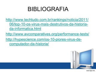 BIBLIOGRAFIA
http://www.techtudo.com.br/rankings/noticia/2011/
06/top-10-os-virus-mais-destrutivos-da-historia-
da-informatica.html
http://www.avcomparatives.org/performance-tests/
http://hypescience.com/os-10-piores-virus-de-
computador-da-historia/
 