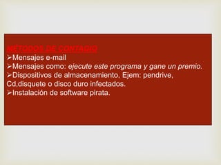 MÉTODOS DE CONTAGIO
Mensajes e-mail
Mensajes como: ejecute este programa y gane un premio.
Dispositivos de almacenamiento, Ejem: pendrive,
Cd,disquete o disco duro infectados.
Instalación de software pirata.