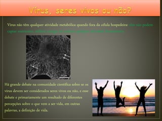 Vírus não têm qualquer atividade metabólica quando fora da célula hospedeira: eles não podem
captar nutrientes, utilizar energia ou realizar qualquer atividade biossintética.
Há grande debate na comunidade científica sobre se os
vírus devem ser considerados seres vivos ou não, e esse
debate e primariamente um resultado de diferentes
percepções sobre o que vem a ser vida, em outras
palavras, a definição de vida.
 
