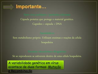 Seres vivos acelulares / partículas infeciosas
Cápsula proteica que protege o material genético.
Capsídeo + cápsula + DNA
Ametabólicos
Sem metabolismo próprio. Utilizam enzimas e reações da célula
hospedeira
Parasitas intracelulares obrigatórios
Só se reproduzem se estiverem dentro de uma célula hospedeira.
A variabilidade genética em vírus
acontece de duas formas: Mutação
e Recombinação
 