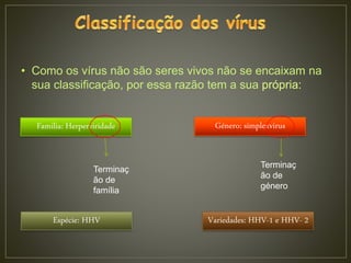 • Como os vírus não são seres vivos não se encaixam na
sua classificação, por essa razão tem a sua própria:
Género: simplexvirusFamilia: Herperviridade
Espécie: HHV Variedades: HHV-1 e HHV- 2
Terminaç
ão de
família
Terminaç
ão de
género
 