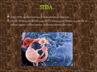 A sigla SIDA significa Síndrome da Imunodeficiência Adquirida.
 O vírus da SIDA é conhecido como HIV e encontra-se no sangue, no esperma, na
secreção vaginal e no leite materno das pessoas infetadas pelo vírus
 