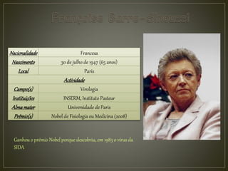 Nacionalidade Francesa
Nascimento 30 de julho de 1947 (65 anos)
Local Paris
Actividade
Campo(s) Virologia
Instituições INSERM, Instituto Pasteur
Almamater Universidade de Paris
Prêmio(s) Nobel de Fisiologia ou Medicina (2008)
Ganhou o prémio Nobel porque descobriu, em 1983 o vírus da
SIDA
 
