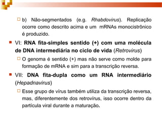  b) Não-segmentados (e.g. Rhabdovirus). Replicação 
ocorre como descrito acima e um mRNAs monocistrônico 
é produzido. 
 VI: RNA fita-simples sentido (+) com uma molécula 
de DNA intermediária no ciclo de vida (Retrovirus) 
 O genoma é sentido (+) mas não serve como molde para 
formação de mRNA e sim para a transcrição reversa. 
 VII: DNA fita-dupla como um RNA intermediário 
(Hepadnavirus) 
 Esse grupo de vírus também utiliza da transcrição reversa, 
mas, diferentemente dos retrovírus, isso ocorre dentro da 
partícula viral durante a maturação. 
 
