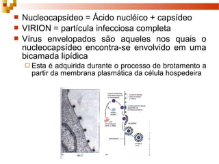  Nucleocapsídeo = Ácido nucléico + capsídeo 
 VIRION = partícula infecciosa completa 
 Vírus envelopados são aqueles nos quais o 
nucleocapsídeo encontra-se envolvido em uma 
bicamada lipídica 
 Esta é adquirida durante o processo de brotamento a 
partir da membrana plasmática da célula hospedeira 
 