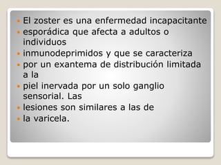  El zoster es una enfermedad incapacitante 
 esporádica que afecta a adultos o 
individuos 
 inmunodeprimidos y que se caracteriza 
 por un exantema de distribución limitada 
a la 
 piel inervada por un solo ganglio 
sensorial. Las 
 lesiones son similares a las de 
 la varicela. 
 