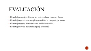  El trabajo completo debe de ser entregado en tiempo y forma 
 El trabajo que no este completo se calificará con puntaje menor 
 El trabajo deberá de tener datos de identificación 
 El trabajo deberá de estar limpio y ordenado 
 
