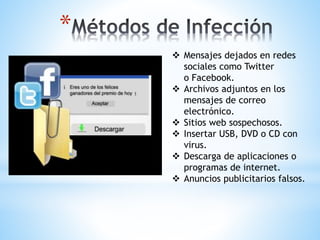 *
 Mensajes dejados en redes
sociales como Twitter
o Facebook.
 Archivos adjuntos en los
mensajes de correo
electrónico.
 Sitios web sospechosos.
 Insertar USB, DVD o CD con
virus.
 Descarga de aplicaciones o
programas de internet.
 Anuncios publicitarios falsos.
 