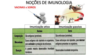 VACINAS x SOROS
Imunização ativa Imunização passiva
NOÇÕES DE IMUNOLOGIA
 