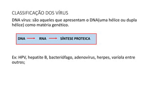 CLASSIFICAÇÃO DOS VÍRUS
DNA vírus: são aqueles que apresentam o DNA(uma hélice ou dupla
hélice) como matéria genético.
Ex: HPV, hepatite B, bacteriófago, adenovírus, herpes, varíola entre
outros;
DNA RNA SÍNTESE PROTEICA
 