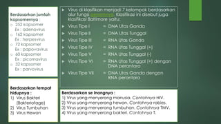  Virus di klasifikan menjadi 7 kelompok berdasarkan
alur fungsi genomnya. Klasifikasi ini disebut juga
klasifikasi Baltimore yaitu:
 Virus Tipe I = DNA Utas Ganda
 Virus Tipe II = DNA Utas Tunggal
 Virus Tipe III = RNA Utas Ganda
 Virus Tipe IV = RNA Utas Tunggal (+)
 Virus Tipe V = RNA Utas Tunggal (-)
 Virus Tipe VI = RNA Utas Tunggal (+) dengan
DNA perantara
 Virus Tipe VII = DNA Utas Ganda dengan
RNA perantara
Berdasarkan jumlah
kapsomernya :
o 252 kapsomer
Ex : adenovirus
o 162 kapsomer
Ex : herpesvirus
o 72 kapsomer
Ex : papovavirus
o 60 kapsomer
Ex : picornavirus
o 32 kapsomer
Ex : parvovirus
Berdasarkan tempat
hidupnya :
1) Virus Bakteri
(Bakteriofage)
2) Virus Tumbuhan
3) Virus Hewan
Berdasarkan se inangnya :
1) Virus yang menyerang manusia. Contohnya HIV.
2) Virus yang menyerang hewan. Contohnya rabies.
3) Virus yang menyerang tumbuhan. Contohnya TMV.
4) Virus yang menyerang bakteri. Contohnya T.
 