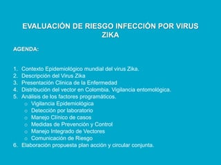 EVALUACIÓN DE RIESGO INFECCIÓN POR VIRUS
ZIKA
AGENDA:
1. Contexto Epidemiológico mundial del virus Zika.
2. Descripción del Virus Zika
3. Presentación Clinica de la Enfermedad
4. Distribución del vector en Colombia. Vigilancia entomológica.
5. Análisis de los factores programáticos.
o Vigilancia Epidemiológica
o Detección por laboratorio
o Manejo Clínico de casos
o Medidas de Prevención y Control
o Manejo Integrado de Vectores
o Comunicación de Riesgo
6. Elaboración propuesta plan acción y circular conjunta.
 