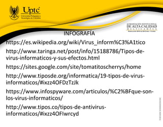 INFOGRAFÍA
https://es.wikipedia.org/wiki/Virus_inform%C3%A1tico
http://www.taringa.net/post/info/15188786/Tipos-de-
virus-informaticos-y-sus-efectos.html
https://sites.google.com/site/tomatitoscherrys/home
http://www.tiposde.org/informatica/19-tipos-de-virus-
informaticos/#ixzz4OFDzTzJk
https://www.infospyware.com/articulos/%C2%BFque-son-
los-virus-informaticos/
http://www.tipos.co/tipos-de-antivirus-
informaticos/#ixzz4OFIwrcyd
 