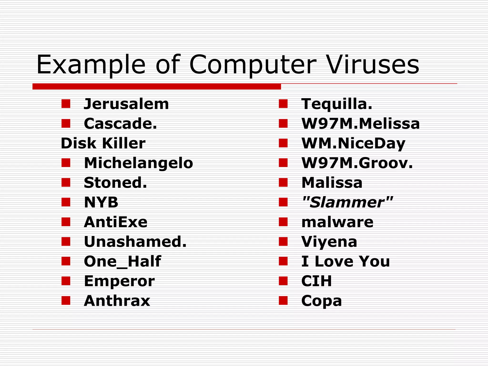 Example of Computer Viruses
 Jerusalem
 Cascade.
Disk Killer
 Michelangelo
 Stoned.
 NYB
 AntiExe
 Unashamed.
 One_Half
 Emperor
 Anthrax
 Tequilla.
 W97M.Melissa
 WM.NiceDay
 W97M.Groov.
 Malissa
 "Slammer"
 malware
 Viyena
 I Love You
 CIH
 Copa
 