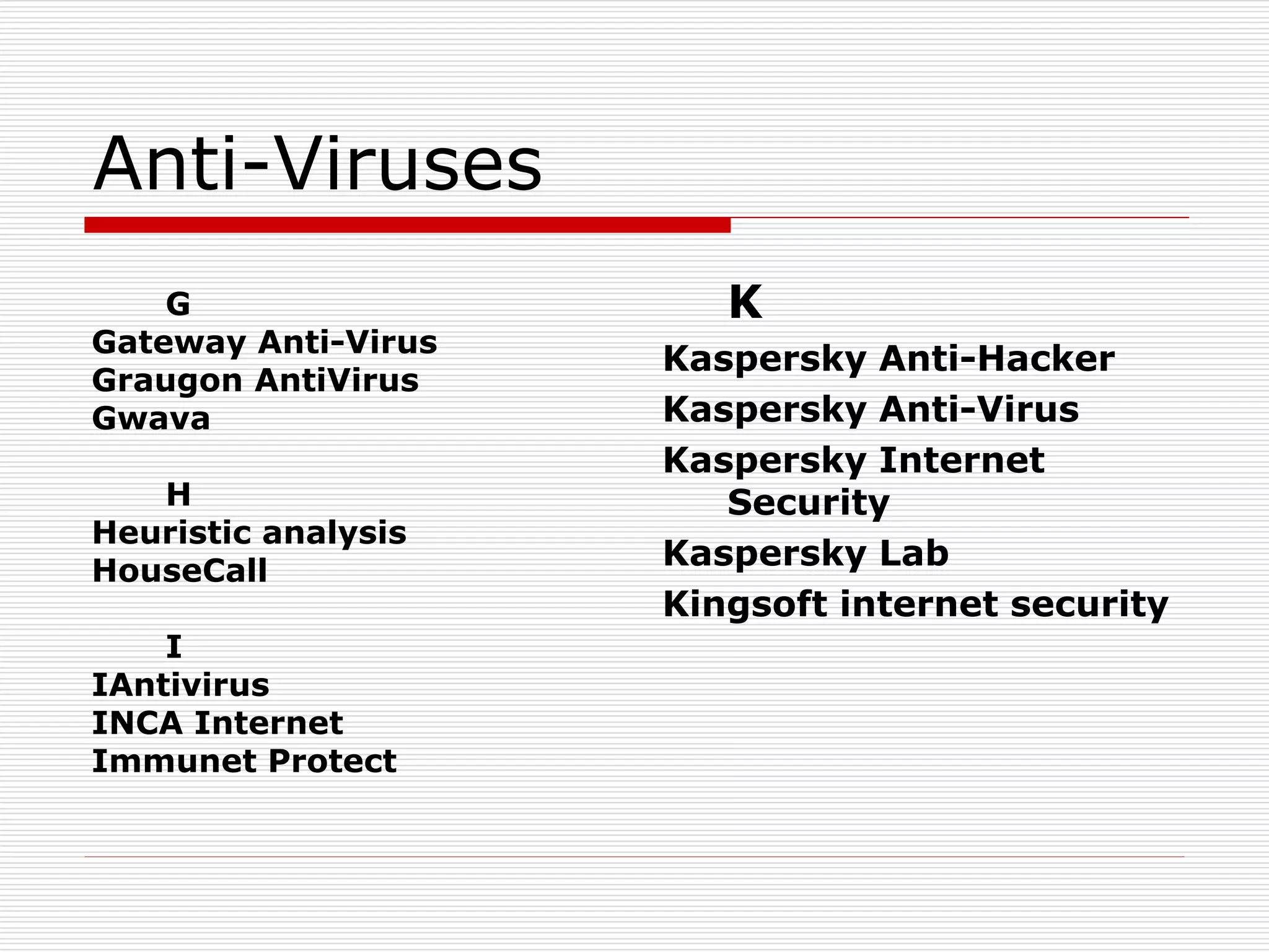 Anti-Viruses
G
Gateway Anti-Virus
Graugon AntiVirus
Gwava
H
Heuristic analysis
HouseCall
I
IAntivirus
INCA Internet
Immunet Protect
K
Kaspersky Anti-Hacker
Kaspersky Anti-Virus
Kaspersky Internet
Security
Kaspersky Lab
Kingsoft internet security
 