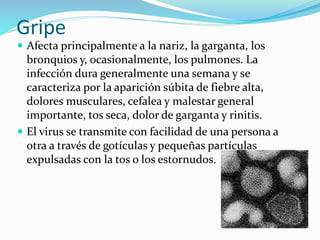 Gripe
 Afecta principalmente a la nariz, la garganta, los
bronquios y, ocasionalmente, los pulmones. La
infección dura generalmente una semana y se
caracteriza por la aparición súbita de fiebre alta,
dolores musculares, cefalea y malestar general
importante, tos seca, dolor de garganta y rinitis.
 El virus se transmite con facilidad de una persona a
otra a través de gotículas y pequeñas partículas
expulsadas con la tos o los estornudos.
 
