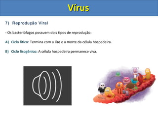 7) Reprodução Viral
- Os bacteriófagos possuem dois tipos de reprodução:
A) Ciclo lítico: Termina com a lise e a morte da célula hospedeira.
B) Ciclo lisogênico: A célula hospedeira permanece viva.
Vídeo. Fonte: WhatsApp
VírusVírus
 