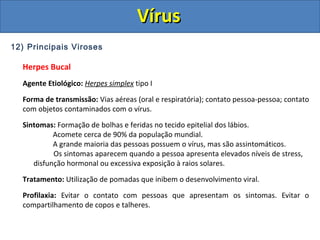 12) Principais Viroses
Herpes Bucal
Agente Etiológico: Herpes simplex tipo I
Forma de transmissão: Vias aéreas (oral e respiratória); contato pessoa-pessoa; contato
com objetos contaminados com o vírus.
Sintomas: Formação de bolhas e feridas no tecido epitelial dos lábios.
Acomete cerca de 90% da população mundial.
A grande maioria das pessoas possuem o vírus, mas são assintomáticos.
Os sintomas aparecem quando a pessoa apresenta elevados níveis de stress,
disfunção hormonal ou excessiva exposição à raios solares.
Tratamento: Utilização de pomadas que inibem o desenvolvimento viral.
Profilaxia: Evitar o contato com pessoas que apresentam os sintomas. Evitar o
compartilhamento de copos e talheres.
VírusVírus
 