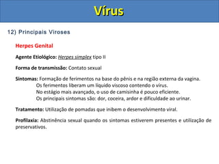 12) Principais Viroses
Herpes Genital
Agente Etiológico: Herpes simplex tipo II
Forma de transmissão: Contato sexual
Sintomas: Formação de ferimentos na base do pênis e na região externa da vagina.
Os ferimentos liberam um líquido viscoso contendo o vírus.
No estágio mais avançado, o uso de camisinha é pouco eficiente.
Os principais sintomas são: dor, coceira, ardor e dificuldade ao urinar.
Tratamento: Utilização de pomadas que inibem o desenvolvimento viral.
Profilaxia: Abstinência sexual quando os sintomas estiverem presentes e utilização de
preservativos.
VírusVírus
 