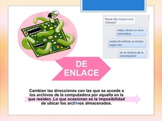 DE
ENLACE
Cambian las direcciones con las que se accede a
los archivos de la computadora por aquella en la
que residen. Lo que ocasionan es la imposibilidad
de ubicar los archivos almacenados.
 