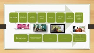 8
CLÍNICA
Periodo de
incubación:
de 3 a 9 días
Cefalea
frontal y
temporal
Malestar
general
Mialgias.
Fiebre alta
(39-40 °C)
Rápida
debilitación
Cerca de la
mitad de los
enfermos
pueden
acusar
conjuntivitis.
Tercer día: Diarrea acuosa con dolor
abdominal y calambres Náusea Vómito.
En este periodo los enfermos
presentan un rostro
inexpresivo con ojos
hundidos. así como letargo y
alteraciones mentales.
 