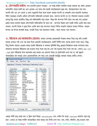 Want more Updates  http://facebook.com/tanbir.ebooks
facebook /gmail/skype: - http://tanbircox.blogspot.com
নাভ শুনররই ফুঝরে ঩াযরছন - তম ঳ভস্ত পাইর ঳াভরেক কারজ ফযফহৃে ঴ে অথকাৎ তপ্রাগ্রাভ
চরাকারীন ঳ভরে তেযী ঴ে এফং তপ্রাগ্রাভ এয কাজ ত঱ল ঴ররই স্বেংরিেবারফ ভুরছ মাে। উদা঴যনস্বরূ঩ ফরা মাে-
আ঩রন মরদ এভ এ঳ ঑োডক এ তকান ডকু রভি রনরে কাজ করযন ো঴রর আ঩রন তম েথযগুরর ত঳ব করযনরন ঳রফভাে
িাই঩ করযরছন ত঳গুরর এই঳ফ তিিযারয পাইরগুরর তদখবার করয। োয঩য আ঩রন তম ঳ফ ঩রযফেকন কযরফন ত঳গুরর
আনডু-রযডু কযায কাজরি঑ রকন্তু এই পাইরগুররই করয থারক। রকন্তু মরদ আ঩নায র঩র঳ ঴িাৎ ফন্ধ ঴রে মাে তপ্রাগ্রাভ
তিাজ কযায আরগই ো঴রর তিরিাযারয পাইরগুররয রক ঴রফ? ঴যা - আ঩নায রচন্তায তয঱ ধরযই ফররছ এগুরর জভা ঴রে
থাকরফ। আ঩রন রনরজ না ভুরছ রদরর এগুরর জভা ঴রে আ঩নায ঳ারধয র঩র঳য ফারযািা ফাজারে থাকরফ রনরিে। ো঴রর
উ঩াে? ঴যা উ঩াে অফ঱যই আরছ- ত঳গুরর রনরে ঩রয আররাচনা কযরছ - আরগ ঳ভ঳যা ঩রয ঳ভাধান।
আভযা তম঳ভস্ত তপ্রাগ্রাভগুরর রনরজয কভাড রদরে চারু করয ত঳গুরর
আভযা তদখরে ঩াই এফং ফন্ধ করয রদরর তভরভারয স্বেংরিেবারফ একরি রনরদকষ্ট ঳ভে ঩য঩য জােগা পাকা করয। রকন্তু
রকছু রফর঱ল ধযরনয তপ্রাগ্রাভ আরছ তমগুরর উইরডাজ ফা অনযানয ঳ুরনরদকষ্ট রকছু তপ্ররাগ্রাভ রনরজরদয কারজ রাগারনায জনয
আভারদয অরগাচরয উইরডাজ চারু ঴঑োয ঳ারথ ঳ারথ চারু ঴ে এফং ফন্ধ ঴঑োয ঳ারথ ঳ারথ ফন্ধ ঴ে। তমভনোঃ Alt+ Ctrl
+ Del তচর঩ উইরডাজ িাস্ক্ ভযারনজায চারু কযরর এয তপ্রার঳঳ িযারফ তম প্রর঳঳গুরর তদখা মাে ো এই ভূহুরেক
ফযাকগ্রাউরড যান কযরছ এভন তপ্রাগ্রাভগুরররক ত঱া করয এফং তভরভাযী কেিু কু ফযফ঴ায কযরছ ত঳রি঑ তদখাে।
এছারা স্টািক তভনু তথরক যান এ রিক করয ররখুন- services.msc এফং এিায রক চা঩ুন। services ডাোরগ ফে চারু
঴রফ। এখারন তম ঳ভস্ত ঳ারবক঳ ফযাকগ্রাউরড কাজ কযরছ োয ররস্ট তদখা মাে। নাভ, ফনকনা, স্টযািা঳, চারু ঴঑োয ধযন
 