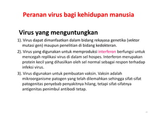 Peranan virus bagi kehidupan manusia
Virus yang menguntungkan
1). Virus dapat dimanfaatkan dalam bidang rekayasa genetika (vektor
mutasi gen) maupun penelitian di bidang kedokteran.
2). Virus yang digunakan untuk memproduksi interferon berfungsi untuk
mencegah replikasi virus di dalam sel hospes. Interferon merupakan
protein kecil yang dihasilkan oleh sel normal sebagai respon terhadap
infeksi virus.
3). Virus digunakan untuk pembuatan vaksin. Vaksin adalah
mikroorganisme patogen yang telah dilemahkan sehingga sifat-sifat
patogenitas penyebab penyakitnya hilang, tetapi sifat-sifatnya
antigenitas penimbul antibodi tetap.
20
 