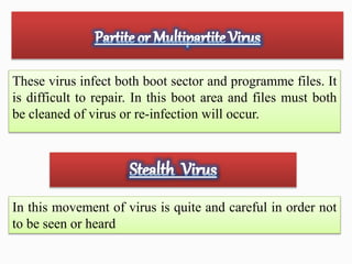 These virus infect both boot sector and programme files. It
is difficult to repair. In this boot area and files must both
be cleaned of virus or re-infection will occur.
In this movement of virus is quite and careful in order not
to be seen or heard
 