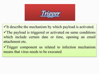 It describe the mechanism by which payload is activated.
The payload is triggered or activated on same conditions
which include certain date or time, opening an email
attachment etc.
Trigger component us related to infection mechanism
means that virus needs to be executed.
 