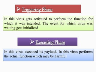 In this virus executed its payload. In this virus performs
the actual function which may be harmful.
In this virus gets activated to perform the function for
which it was intended. The event for which virus was
waiting gets initialized
 