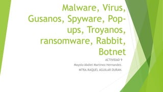 Malware, Virus,
Gusanos, Spyware, Pop-
ups, Troyanos,
ransomware, Rabbit,
Botnet
ACTIVIDAD 9
Mayolo Abdiel Martinez Hernandez.
MTRA.RAQUEL AGUILAR DURAN.
 