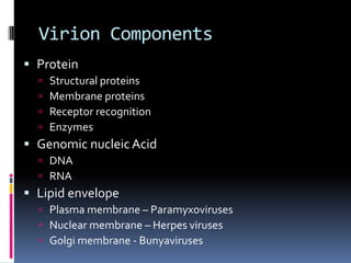 Virion Components
 Protein
 Structural proteins
 Membrane proteins
 Receptor recognition
 Enzymes
 Genomic nucleic Acid
 DNA
 RNA
 Lipid envelope
 Plasma membrane – Paramyxoviruses
 Nuclear membrane – Herpes viruses
 Golgi membrane - Bunyaviruses
 
