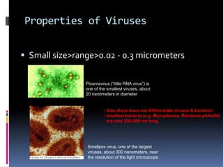 Properties of Viruses
 Small size>range>0.02 - 0.3 micrometers
Picornavirus (“little RNA virus”) is
one of the smallest viruses, about
20 nanometers in diameter
Smallpox virus, one of the largest
viruses, about 300 nanometers, near
the resolution of the light microscope
• Size alone does not differentiate viruses & bacteria!
• smallest bacteria (e.g. Mycoplasma, Ralstonia pickettii)
are only 200-300 nm long.
 