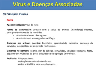Vírus e Doenças Associadas
9) Principais Viroses
Raiva
Agente Etiológico: Vírus da raiva
Forma de transmissão: Contato com a saliva de animais (mamíferos) doentes,
principalmente através de mordidas.
• Ambiente urbano: cães e gatos.
• Ambiente rural: morcegos hematófagos.
Sintomas nos animais doentes: Encefalite, agressividade excessiva, aumento da
salivação, incapacidade de deglutição (hidrofobia).
Sintomas no homem: Insônia, dor de cabeça, convulsões, salivação excessiva, febre,
espasmo dos músculos da glote, dificuldade de deglutição (hidrofobia).
Profilaxia: Não possui cura.
Vacinação dos animais domésticos.
Vacina anti-rábica para seres humanos.
 