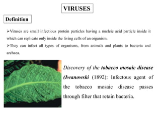 VIRUSES
Definition
Viruses are small infectious protein particles having a nucleic acid particle inside it
which can replicate only inside the living cells of an organism.
They can infect all types of organisms, from animals and plants to bacteria and
archaea.
Discovery of the tobacco mosaic disease
(Iwanowski (1892): Infectous agent of
the tobacco mosaic disease passes
through filter that retain bacteria.
 