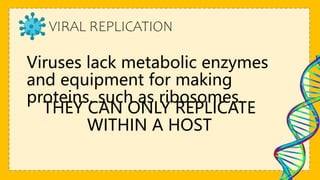 VIRAL REPLICATION
Viruses lack metabolic enzymes
and equipment for making
proteins, such as ribosomes.
THEY CAN ONLY REPLICATE
WITHIN A HOST
 
