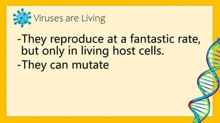 Viruses are Living
-They reproduce at a fantastic rate,
but only in living host cells.
-They can mutate
 