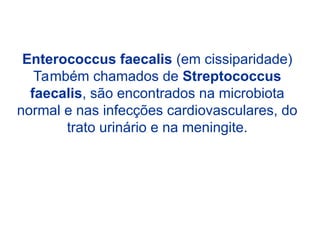 Enterococcus faecalis (em cissiparidade)
Também chamados de Streptococcus
faecalis, são encontrados na microbiota
normal e nas infecções cardiovasculares, do
trato urinário e na meningite.
 