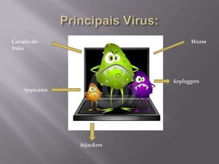 Principais Vírus:Cavalo-de-tróiaWorm keyloggers Spywareshijackers