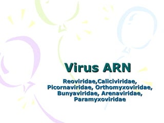 Virus ARN  Reoviridae,Caliciviridae, Picornaviridae, Orthomyxoviridae, Bunyaviridae, Arenaviridae, Paramyxoviridae 