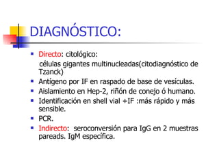 DIAGNÓSTICO: Directo : citológico: células gigantes multinucleadas(citodiagnóstico de Tzanck) Antígeno por IF en raspado de base de vesículas. Aislamiento en Hep-2, riñón de conejo ó humano. Identificación en shell vial +IF :más rápido y más sensible.  PCR. Indirecto :  seroconversión para IgG en 2 muestras pareads. IgM específica. 