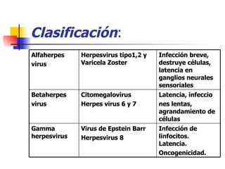 Clasificación : Infección de linfocitos. Latencia. Oncogenicidad. Virus de Epstein Barr Herpesvirus 8 Gamma herpesvirus Latencia, infeccio nes lentas, agrandamiento de células Citomegalovirus Herpes virus 6 y 7 Betaherpes virus Infección breve, destruye células, latencia en ganglios neurales sensoriales Herpesvirus tipo1,2 y Varicela Zoster Alfaherpes virus 